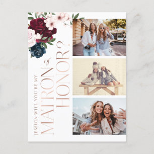 Be My Matron of Honour? Burgundy Navy Florals Phot Invitation Postcard