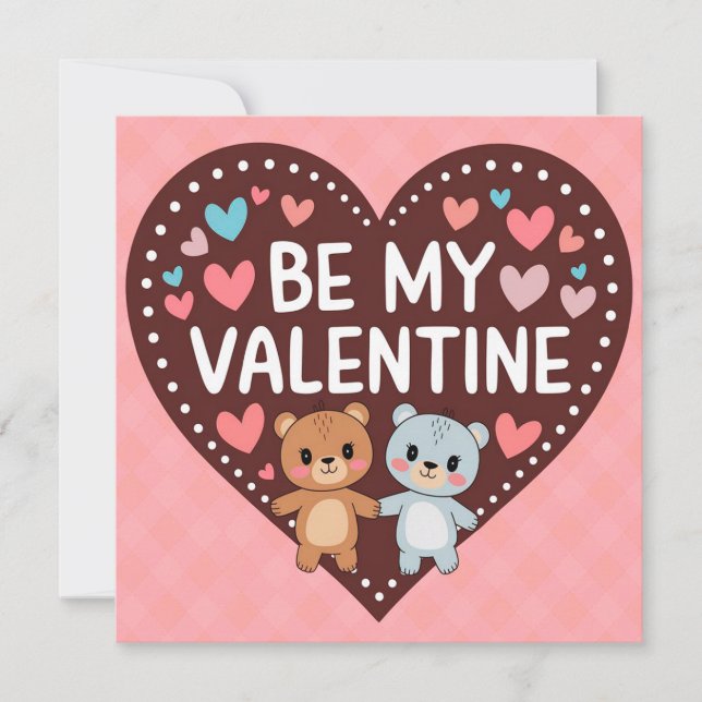 Be my valentine bears couple hearts holiday card (Front)