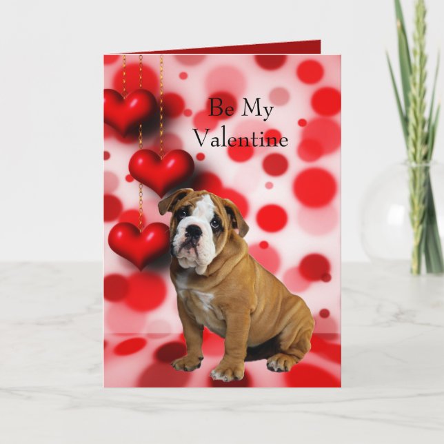 Be My Valentine Bulldog Puppy Hearts Holiday Card (Front)