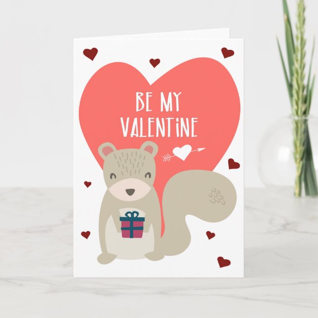 Be my Valentine cute cartoon squirrel pink hearts Card (Front)