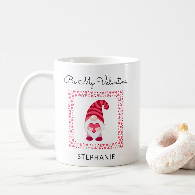 Be My Valentine Cute Gnome with Heart Personalised Coffee Mug (With Donut)