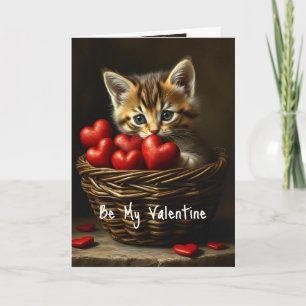 Be My Valentine Cute Kitten Cat Red Hearts Card