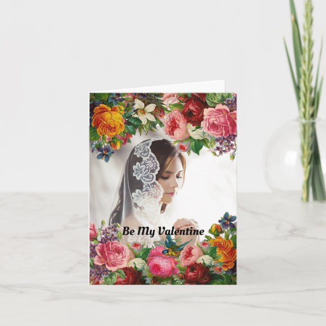 Be My Valentine Floral Photo Wedding Holiday Card (Front)