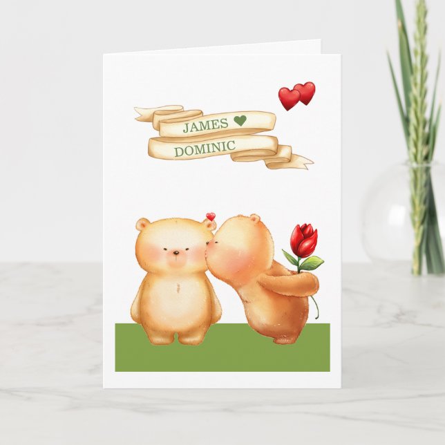 Be My Valentine Gay Teddy Bears Personalised Holiday Card (Front)