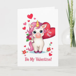 Be My Valentine!  I Luv You!  Valentines Unicorn Holiday Card