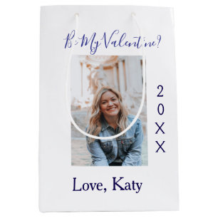 Be my valentine love name purple year photo simple medium gift bag