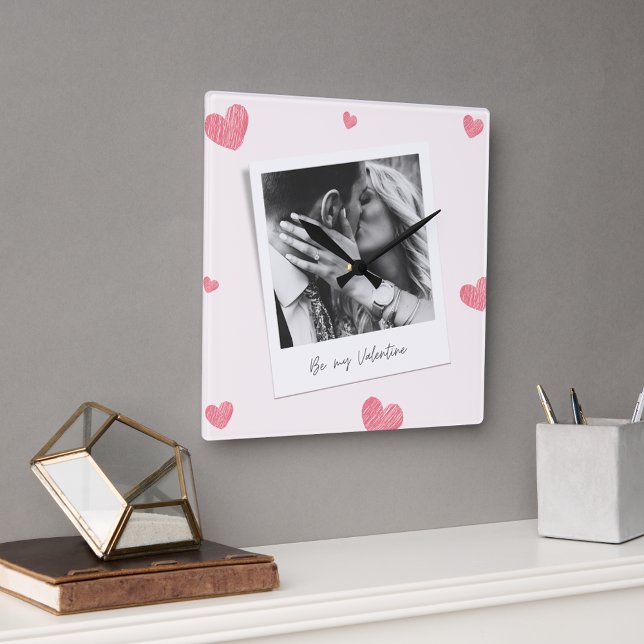 Be My Valentine | personalised Photo | Red heart  Square Wall Clock (Creator Uploaded)