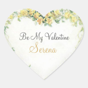 Be My Valentine Personalised Vintage Yellow Rose Heart Sticker