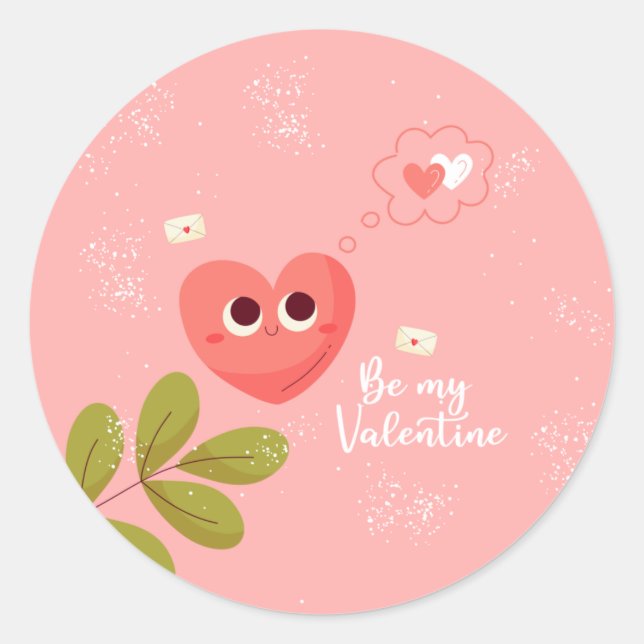 Be My Valentine Pink Heart Classic Round Sticker (Front)