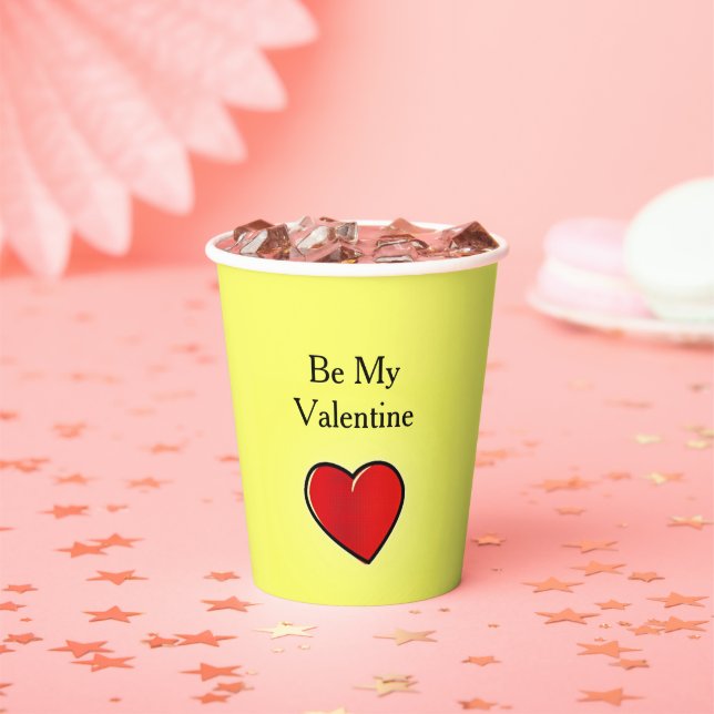 Be my valentine red heart on yellow paper cups (Insitu)