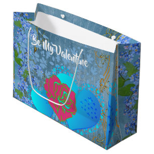 Be My Valentine Romantic Rose Sweeping Heart Blue  Large Gift Bag