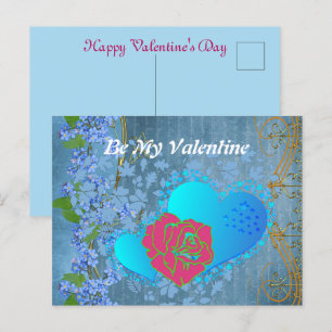 Be My Valentine Romantic Rose Sweeping Heart Blue Postcard