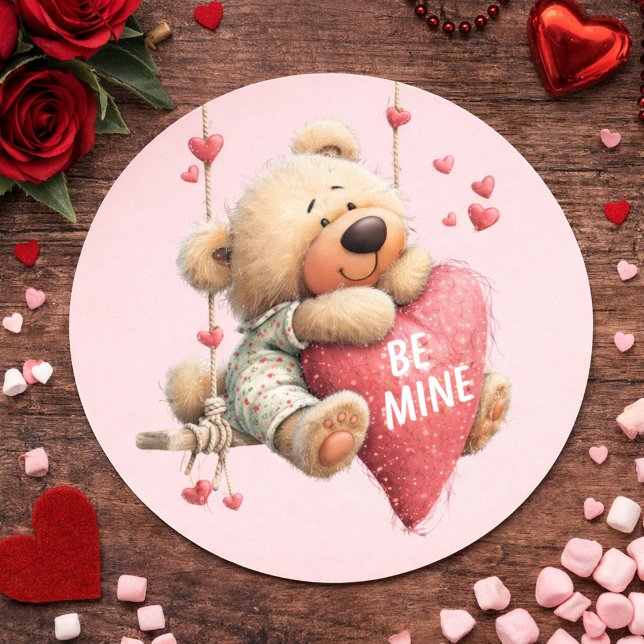  Be My Valentine Teddy Bear – Hanging Heart  Classic Round Sticker (Creator Uploaded)