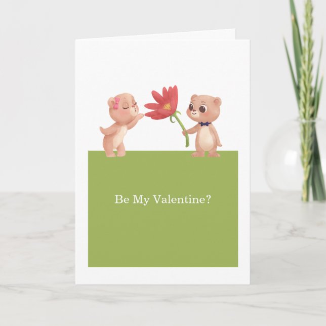 Be My Valentine Teddy Bears With Flower Holiday Card (Front)