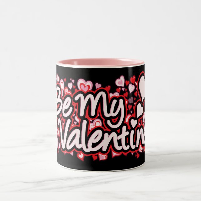 "Be My Valentine" text hearts red pink black mug (Center)