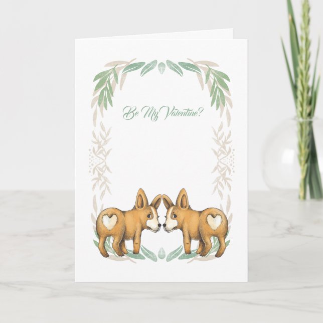 Be My Valentine Two Corgi Dogs With Hearts Holiday Card (Front)