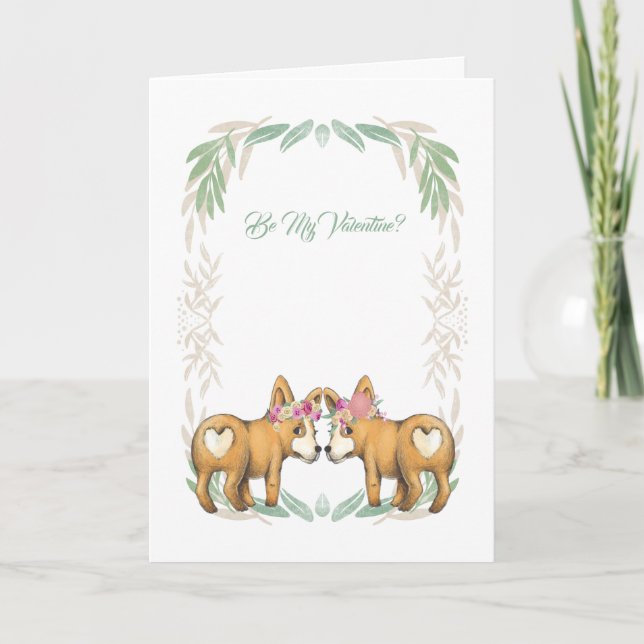 Be My Valentine Two Corgi Dogs With Hearts Holiday Card (Front)