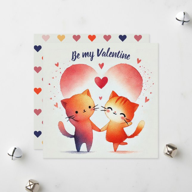 Be My Valentine Watercolor Card Orange hearts (Front/Back In Situ)