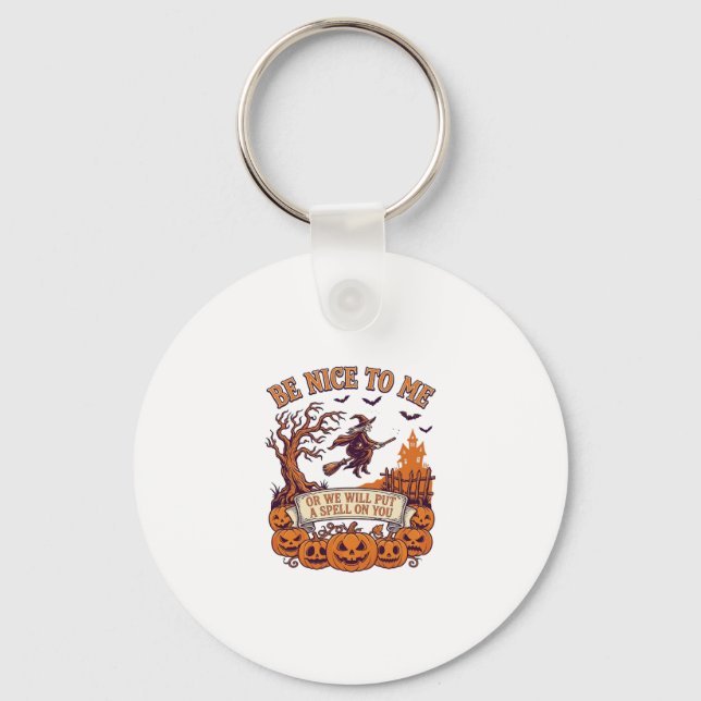 Be Nice Me Halloween Witch Broom Pumpkins_1 Key Ring (Front)