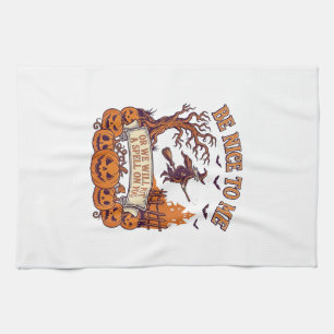 Be Nice Me Halloween Witch Broom Pumpkins_1 Tea Towel
