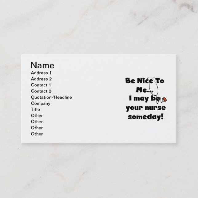 Be Nice Nurse T-shirts and Gifts Business Card (Front)