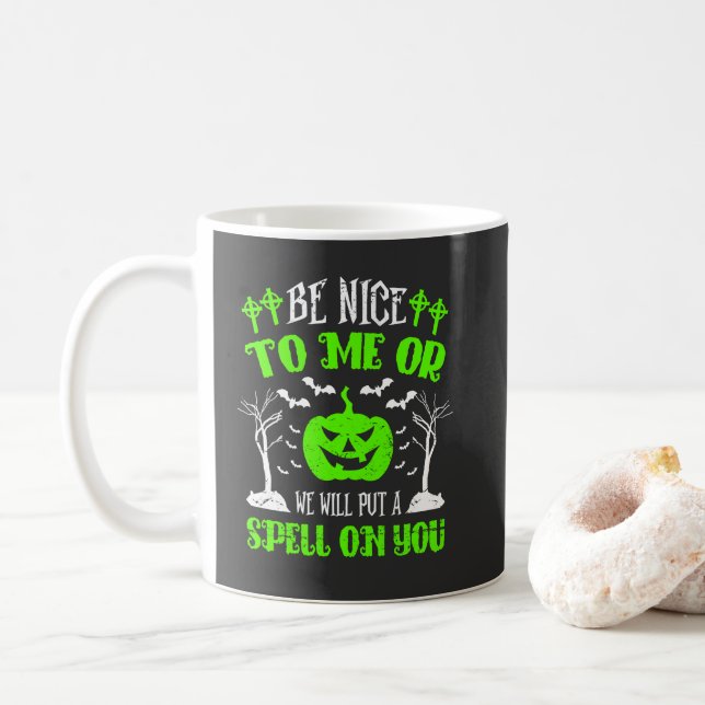 Be Nice or Put Spell Halloween Witch Pumpkin Bats  Coffee Mug (With Donut)