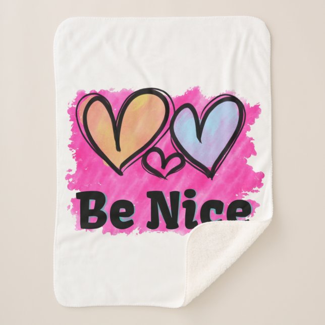 Be Nice Watercolor Hearts Sherpa Blanket (Front)