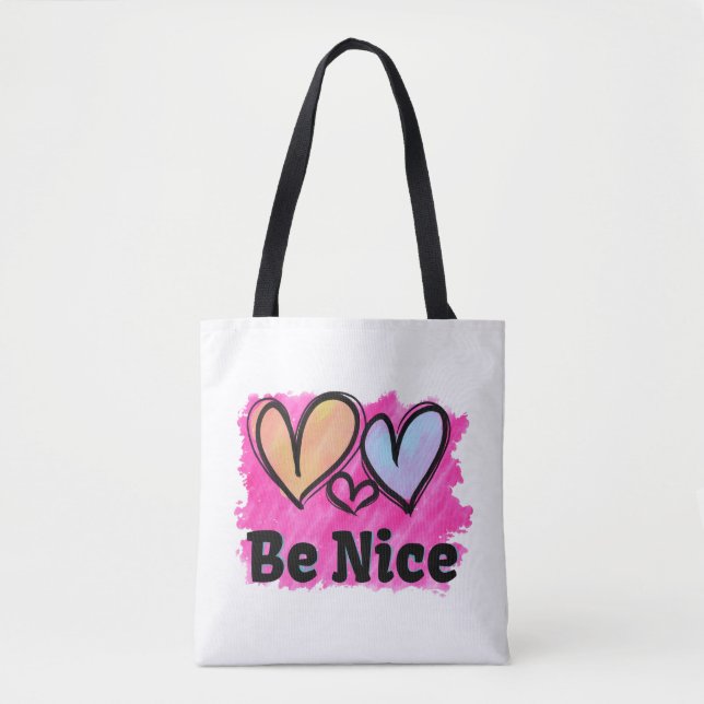 Be Nice Watercolor Hearts Tote Bag (Front)