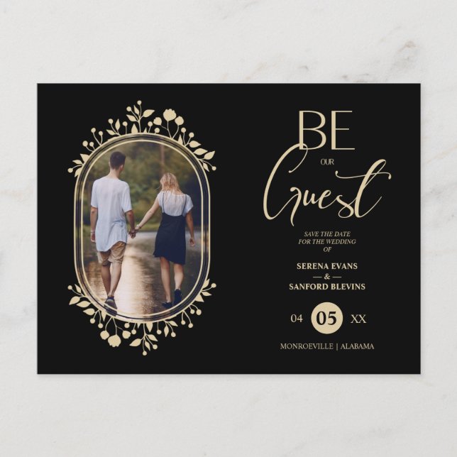 Be our Guest Black Wedding Chic Floral Frame Photo Announcement Postcard (Front)