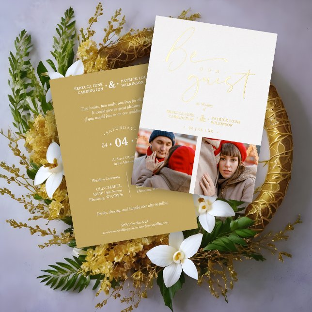 Be Our Guest Collage 2 Photos Romantic Wedding (Collage 2 Photos Be Our Guest Romantic Wedding Real Golden Metallic Foil Invitation Card.)