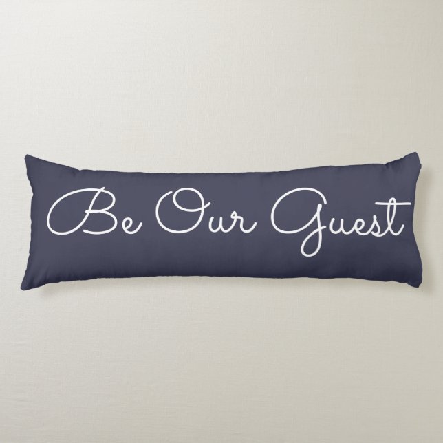 "Be Our Guest" Decorative Throw Pillow, Navy/White Body Cushion (Front)