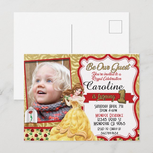 Be our Guest Princess First Birthday Invitation Postcard (Front/Back)