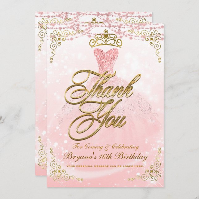 Be Our Guest Princess Pink Gold Sweet 16 Thank You Invitation (Front/Back)