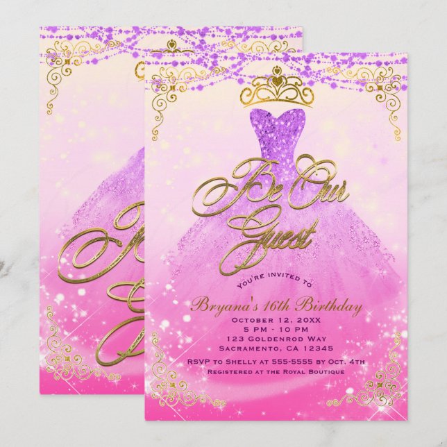 Be Our Guest Princess Purple & Gold Sweet 16 Party Invitation (Front/Back)