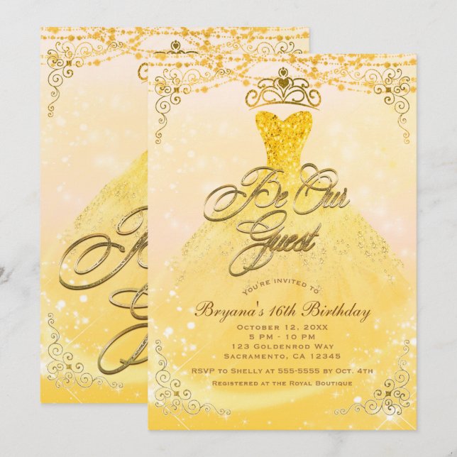 Be Our Guest Princess Yellow & Gold Sweet 16 Party Invitation (Front/Back)