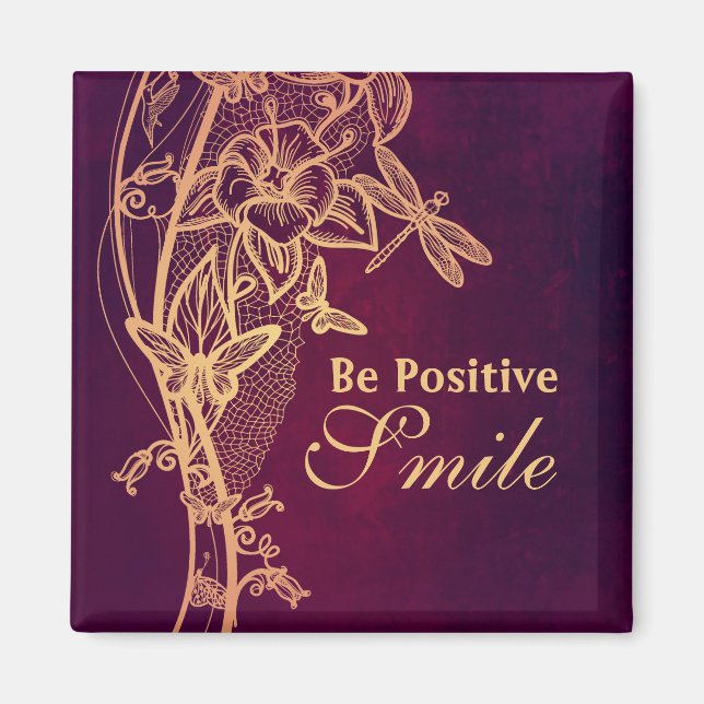 Be Positive Smile Elegant Butterfly on Burgundy Magnet (Front)