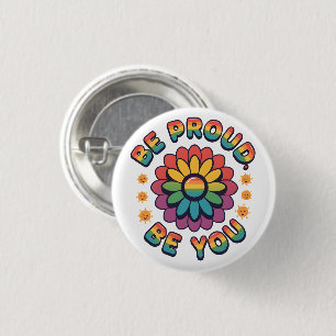 Be Proud Be You – Retro Rainbow Flower Pride Quote 3 Cm Round Badge