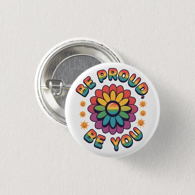Be Proud Be You – Retro Rainbow Flower Pride Quote 3 Cm Round Badge (Front & Back)