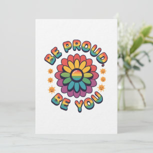 Be Proud Be You – Retro Rainbow Flower Pride Quote Invitation