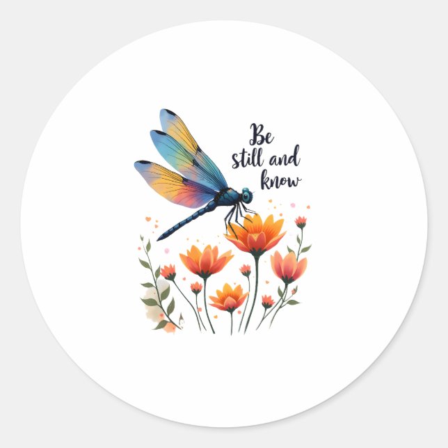Be still and know Floral Dragonfly Christian Summe Classic Round Sticker (Front)