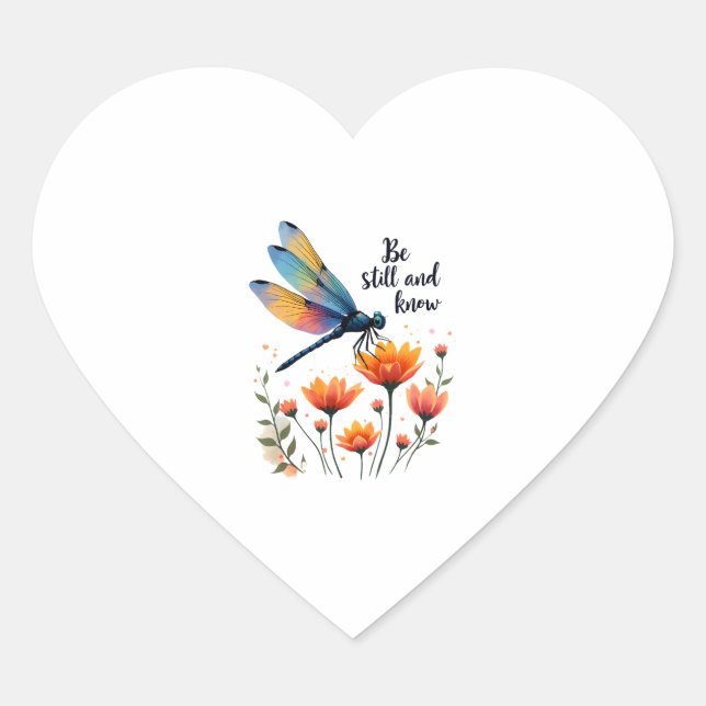 Be still and know Floral Dragonfly Christian Summe Heart Sticker (Front)
