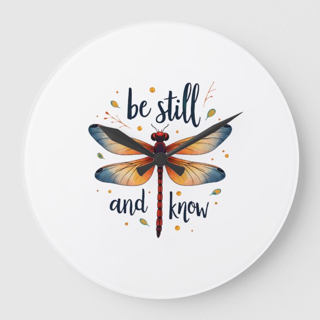 Be still and know Floral Dragonfly Christian Summe Large Clock (Front)