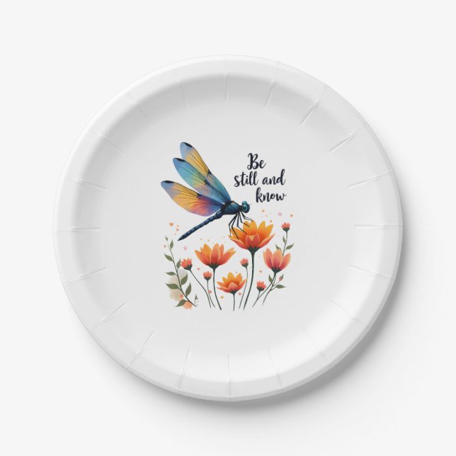 Be still and know Floral Dragonfly Christian Summe Paper Plate (Front)