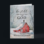 Be Still and Know I Am GOD Christmas Snow Holiday Card<br><div class="desc">Inspirational quote scripture Christmas greeting card depicts a simple winter watercolor scene with snow falling on a red house surrounded by trees. It features Bible Verse Psalm 46:10, "Be still and know that I am God." The inside scripture Luke 2:14, "Glory to God in the highest, and on earth peace,...</div>