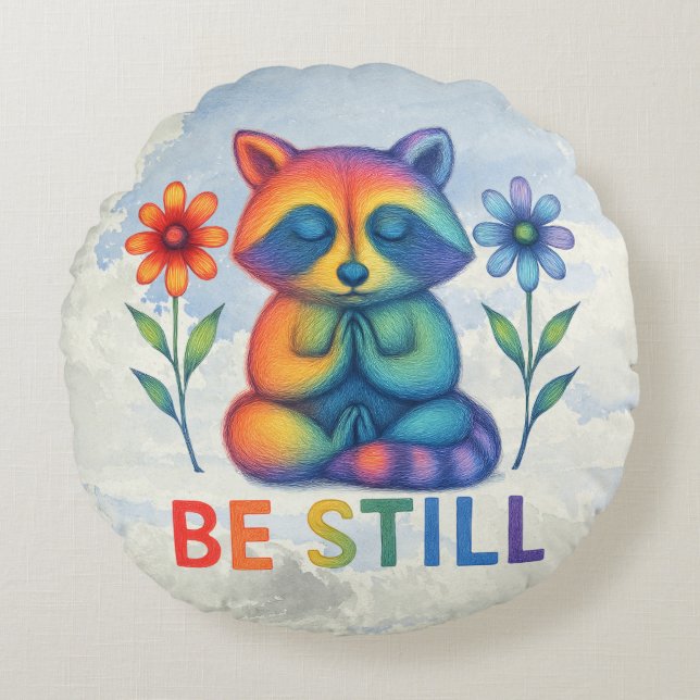 Be Still – Meditation & Prayer Rainbow Racoon Round Cushion (Front)
