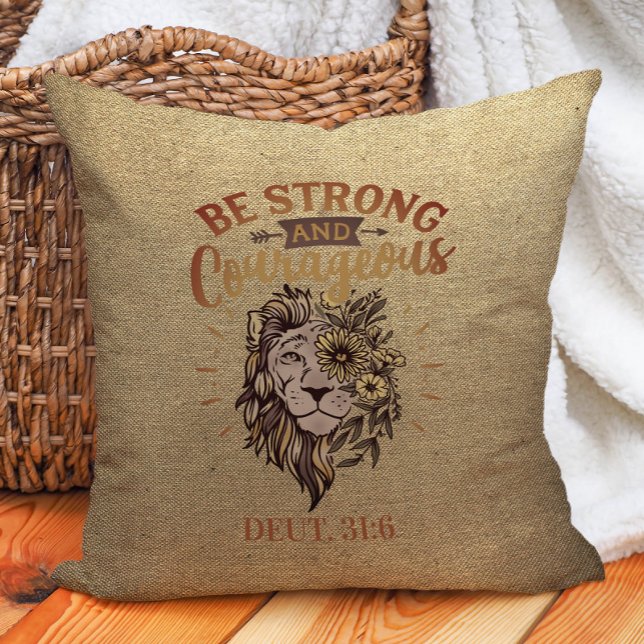 Be Strong and Courageous Christian Bible Lion Cushion (Lion "Be strong and courageous" Christian Bible verse decorator pillow)