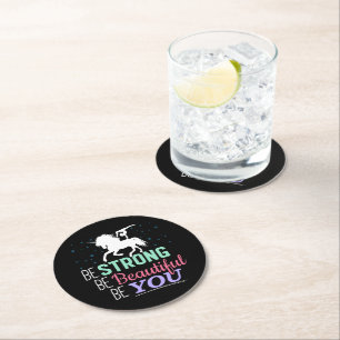 Be Strong Beautiful You - Gymnastics Unicorn Round Paper Coaster