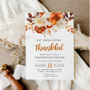 Be thankful floral Thanksgiving dinner Invitation