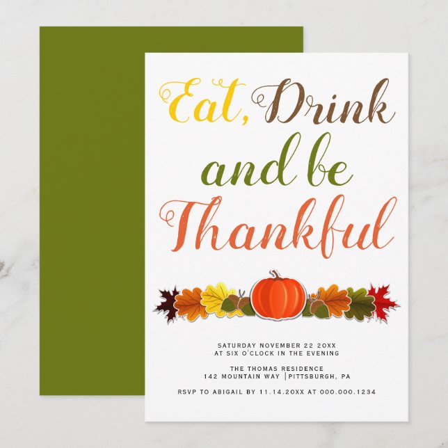 Be Thankful pumpkin leaves typography Thanksgiving Invitation (Front/Back)