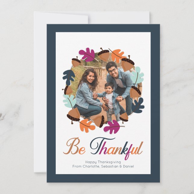 Be Thankful Thanksgiving Fall Colour Wreath Photo Holiday Card (Front)